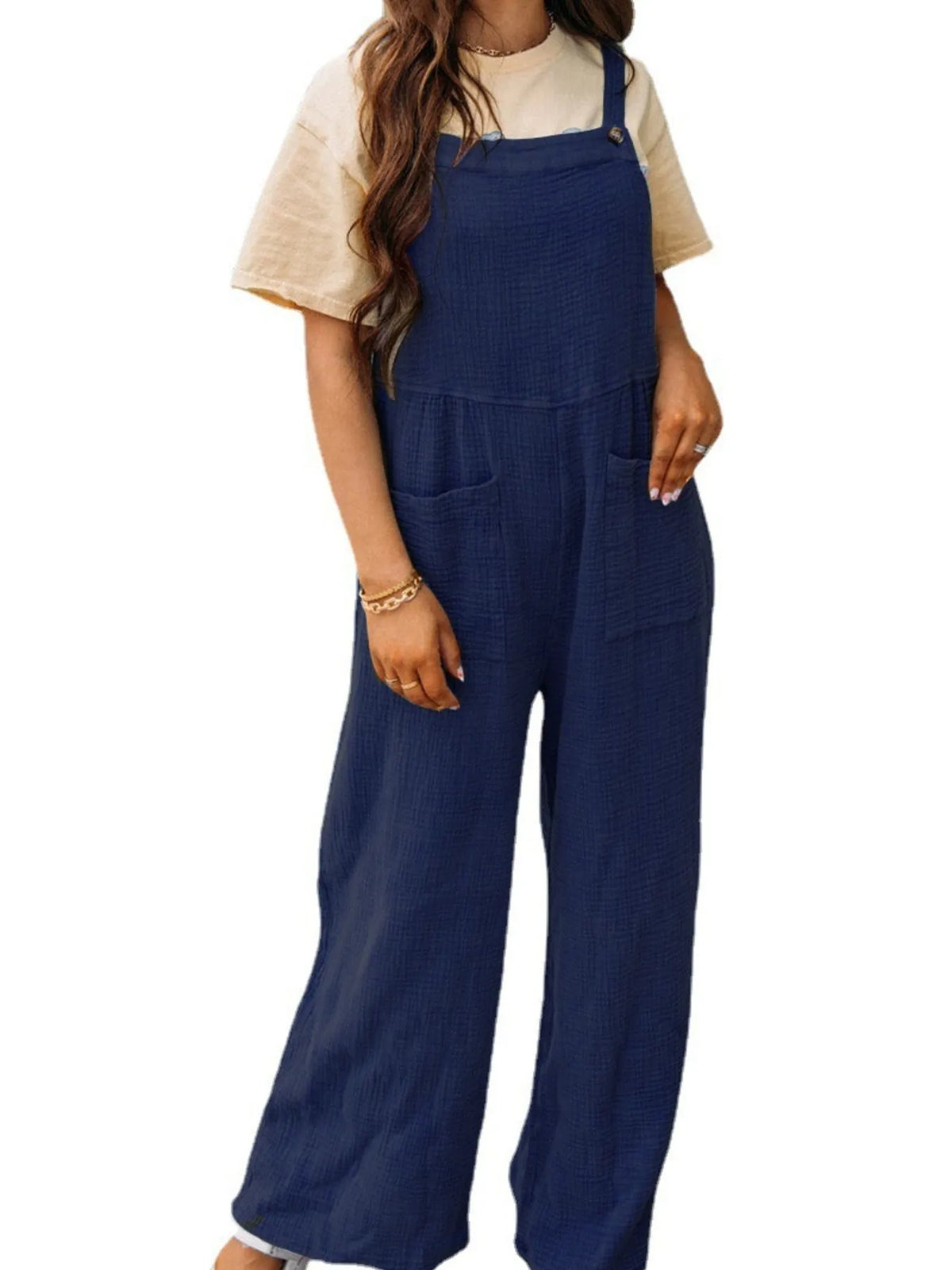 Casual Wide Leg Textured Overalls, view 30