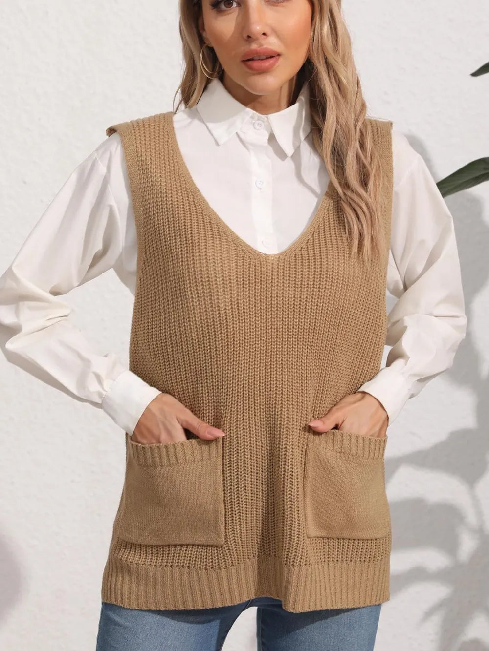 Pocketed V Neck Sweater Vest in Camel side view