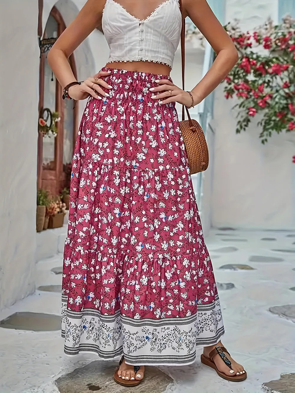 Tiered printed elastic waist maxi skirt front view