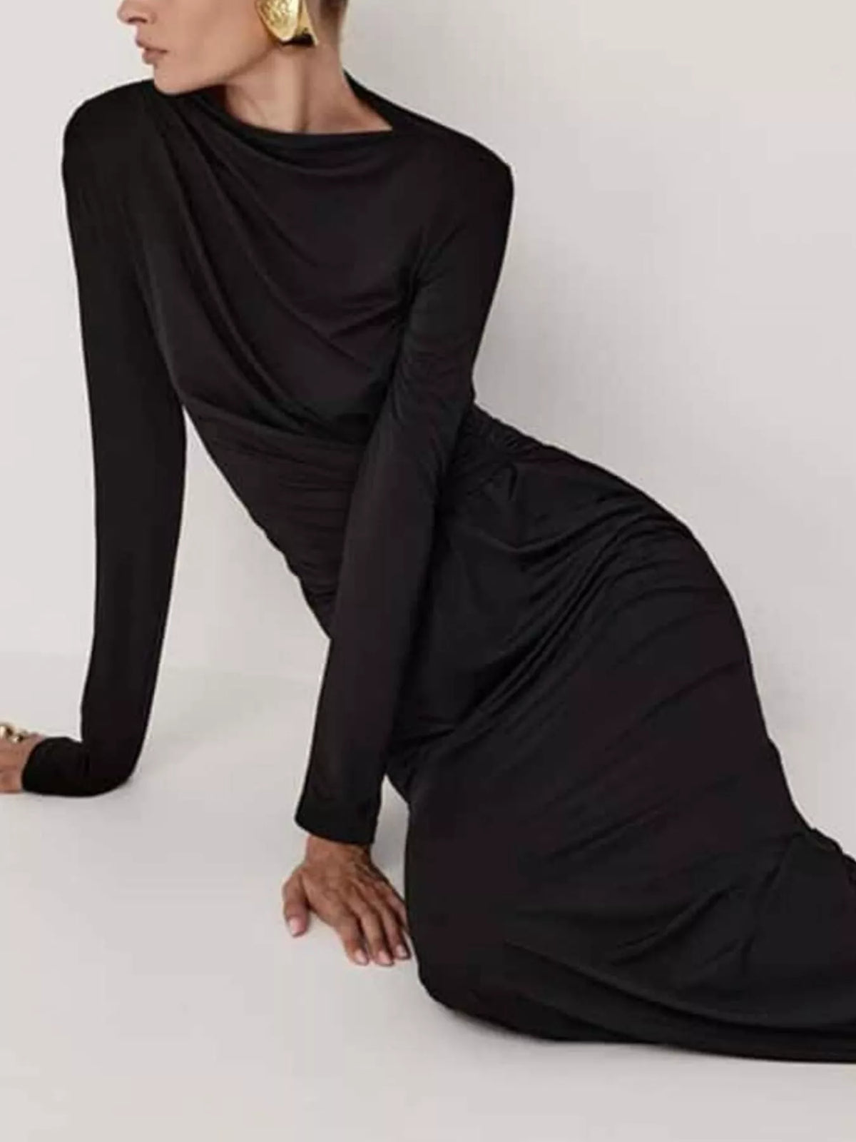 ruched long sleeve bodycon maxi dress hemline detail