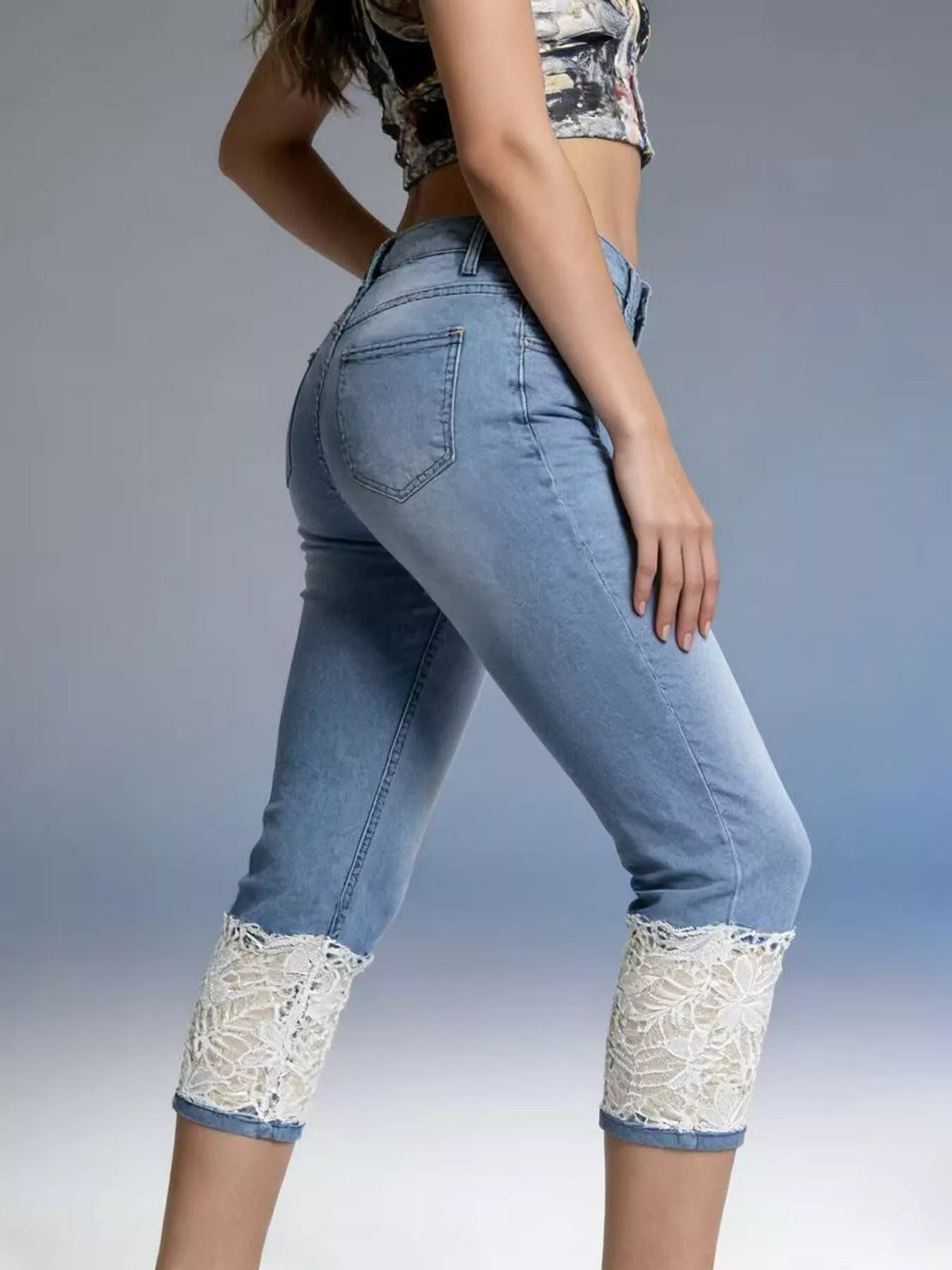 Lace Trimmed Capri Jeans, view 9
