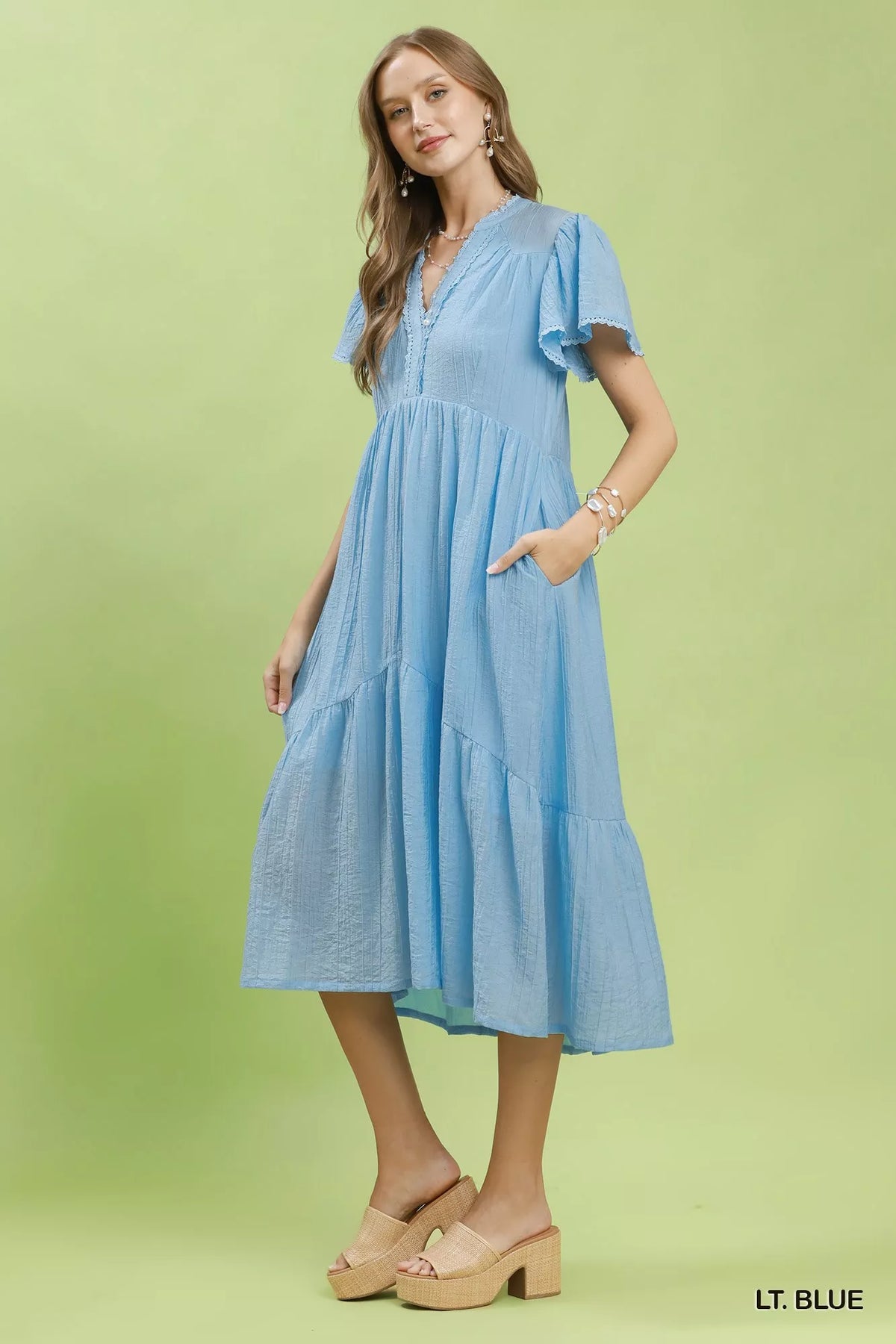 Light blue textured lace trim tiered midi dress detail view
