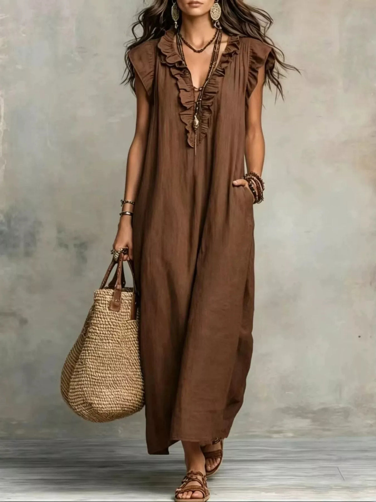 Ruffled maxi dress in a soft neutral tone