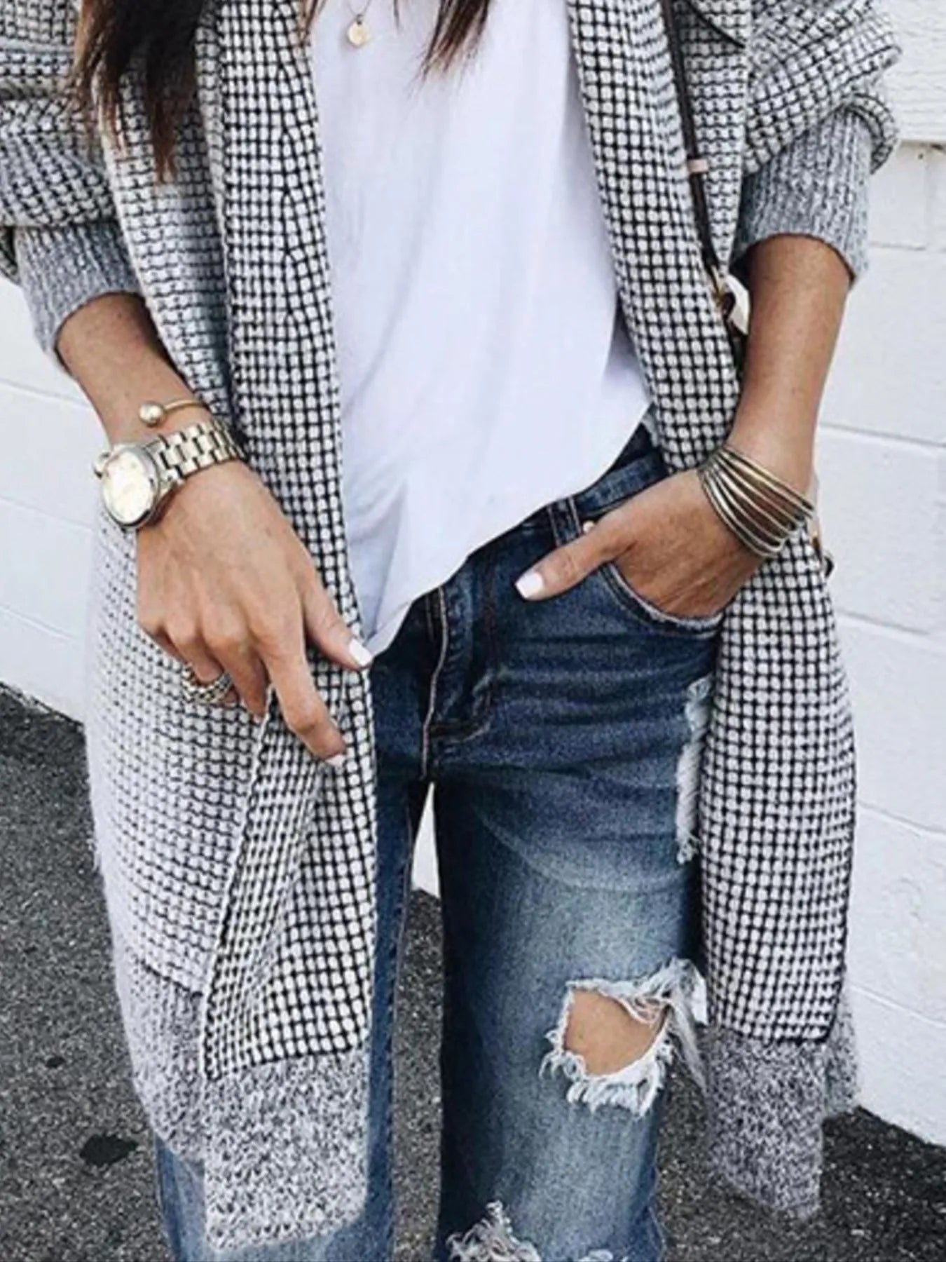 Contrast Plaid Longline Cardigan with Ribbed Trim - Fashorio