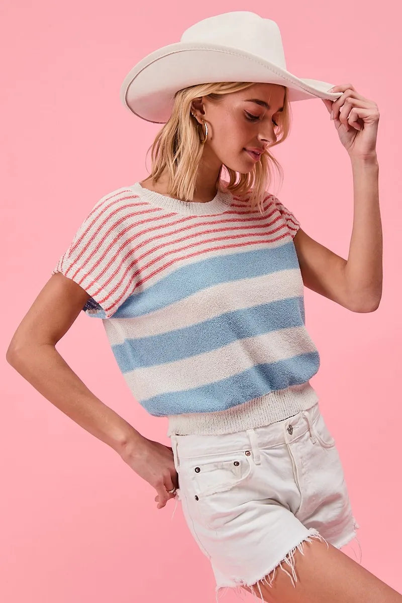 BiBi Stripes Lightweight Short Sleeve Sweater - Fashorio