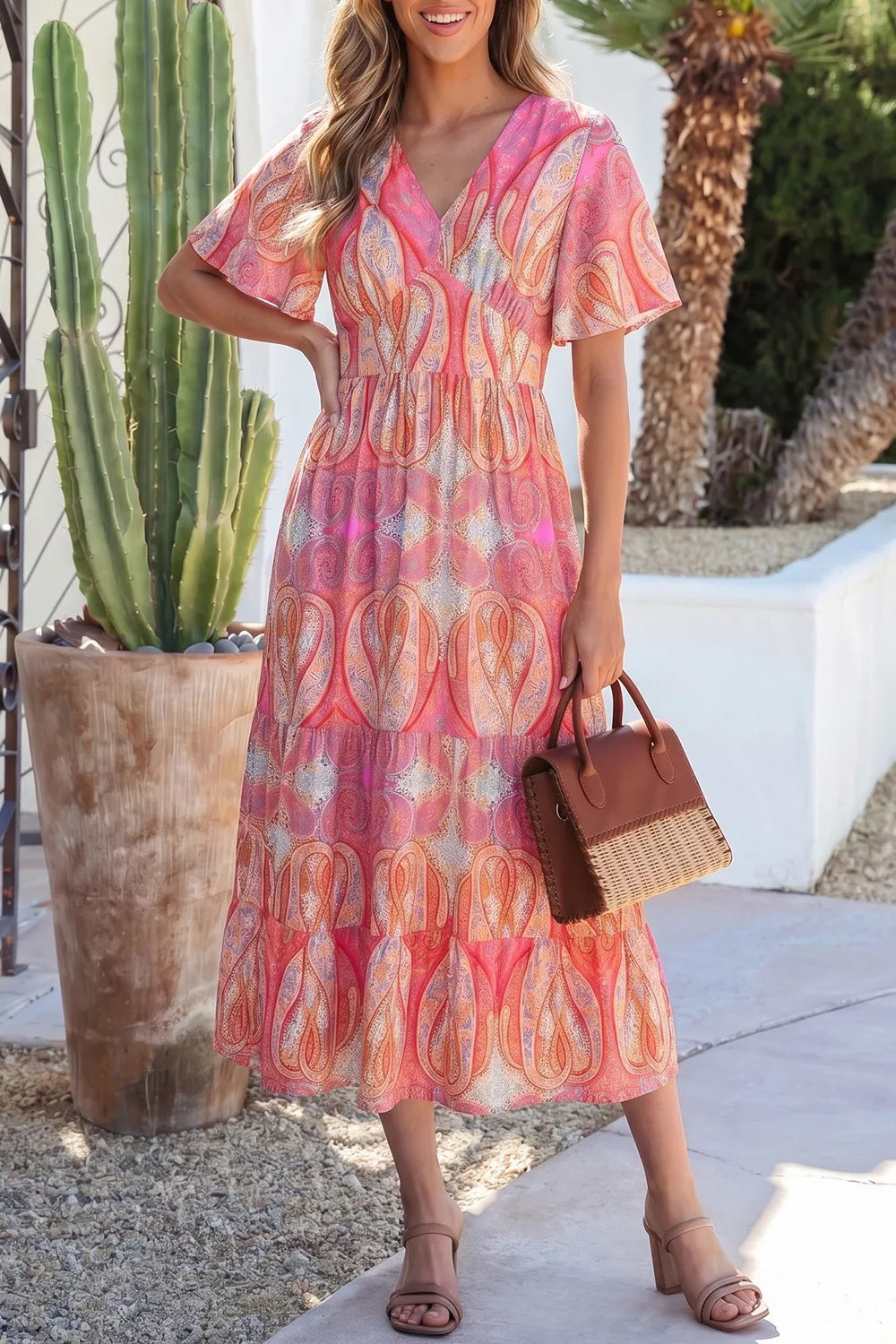 Close view of the v neckline and short sleeve detail
