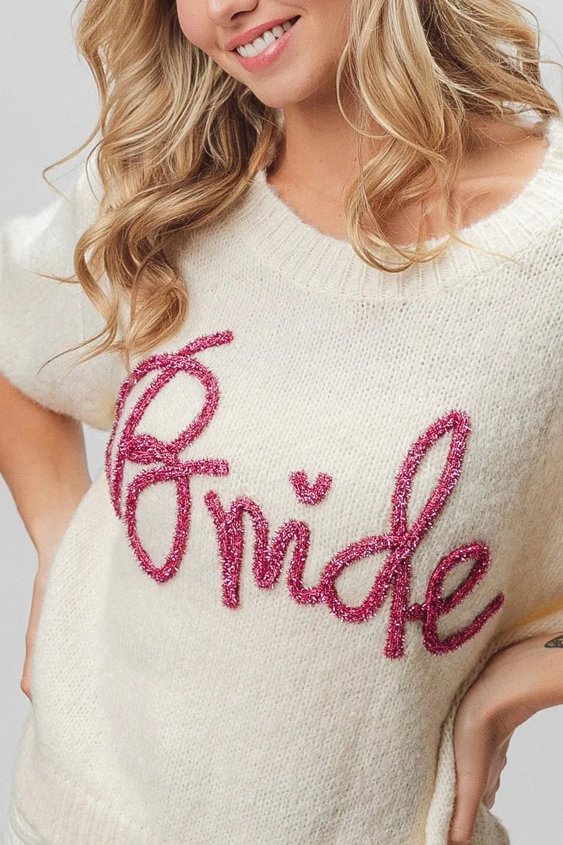 Metallic Letter Fuzzy Puff Sleeve Top in Ivory view 9