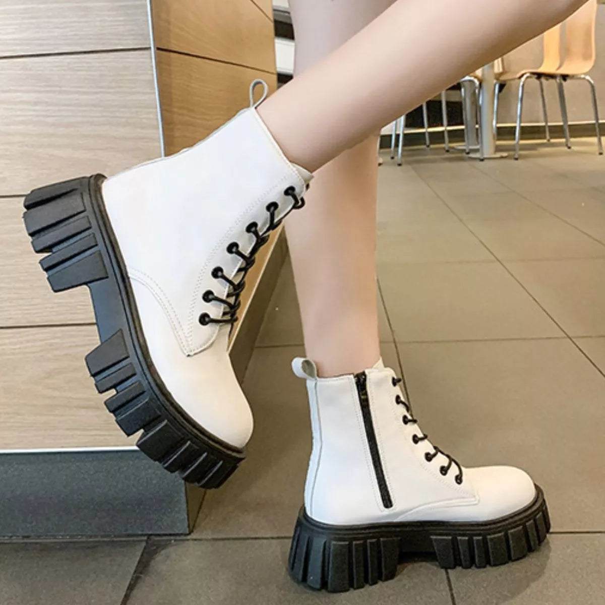 Round toe lace up chunky boots back heel view