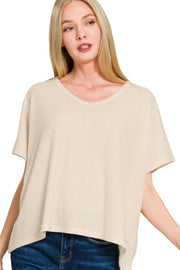 Zenana Ribbed V-Neck Short-Sleeve Knit Top SAND BEIGE - Fashorio