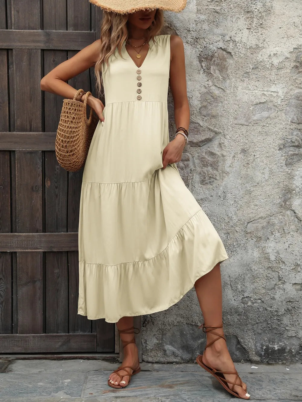 Ivy Lane Decorative Button Notched Sleeveless Dress - Fashorio