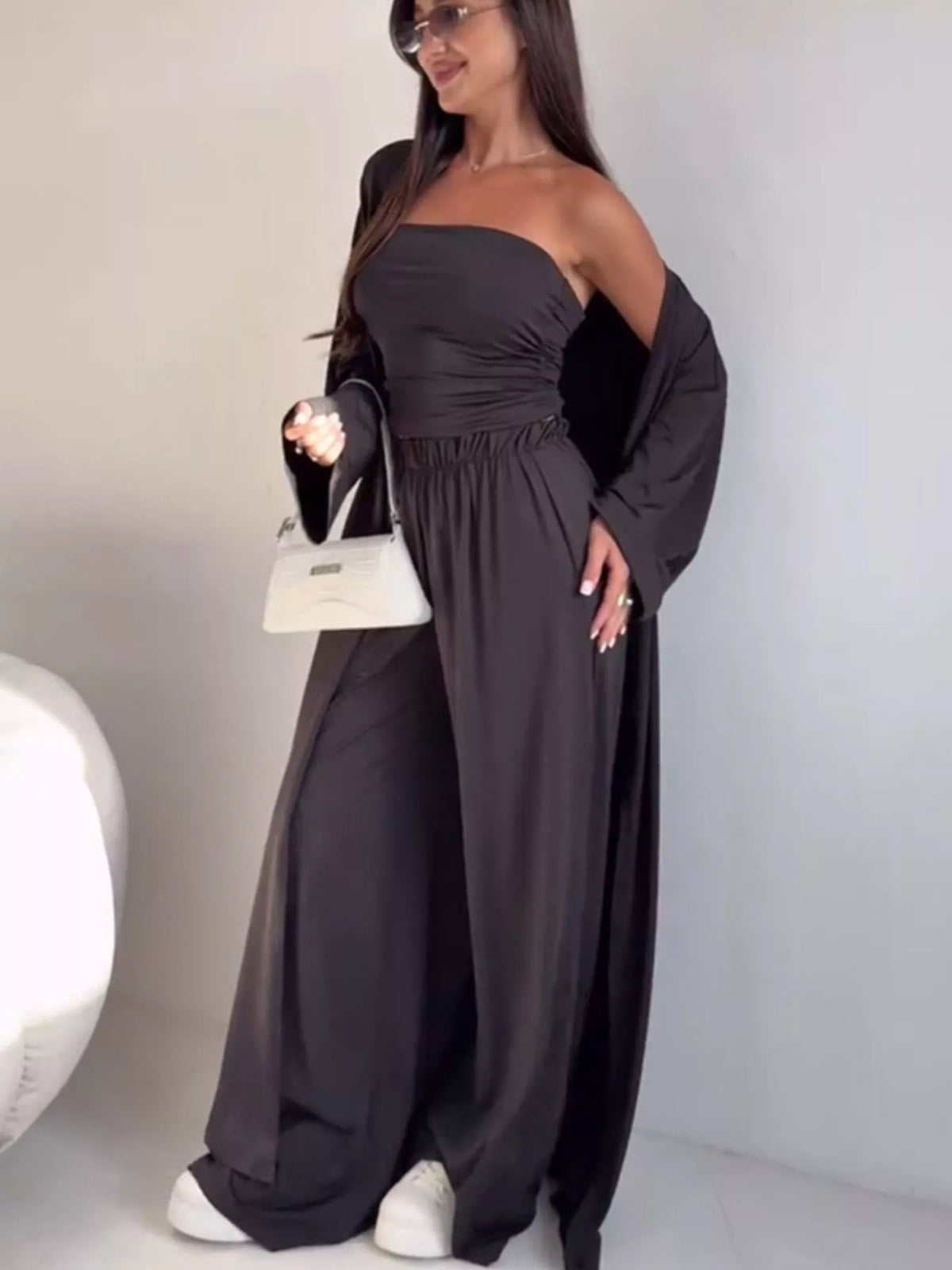 Tube Top Cardigan and Wide Leg Pants 3 Piece Set, view 6