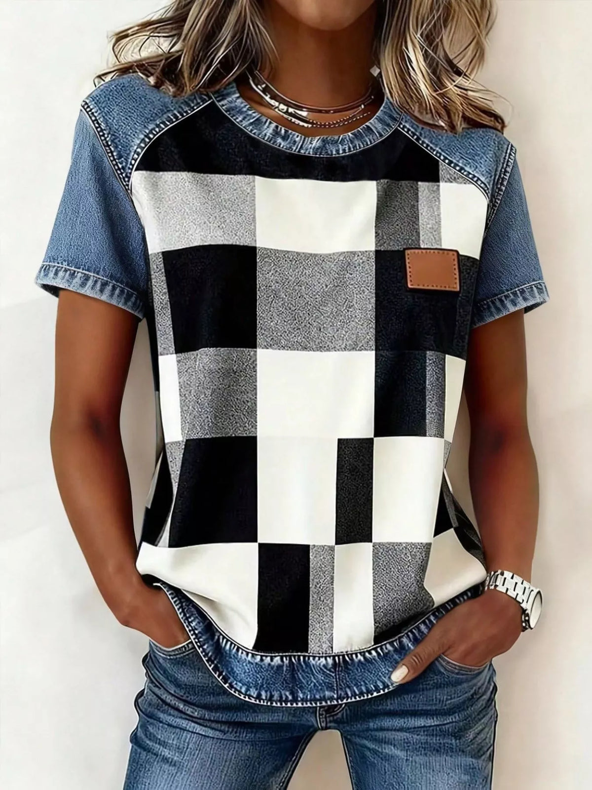 Short sleeve patchwork blouse side profile view
