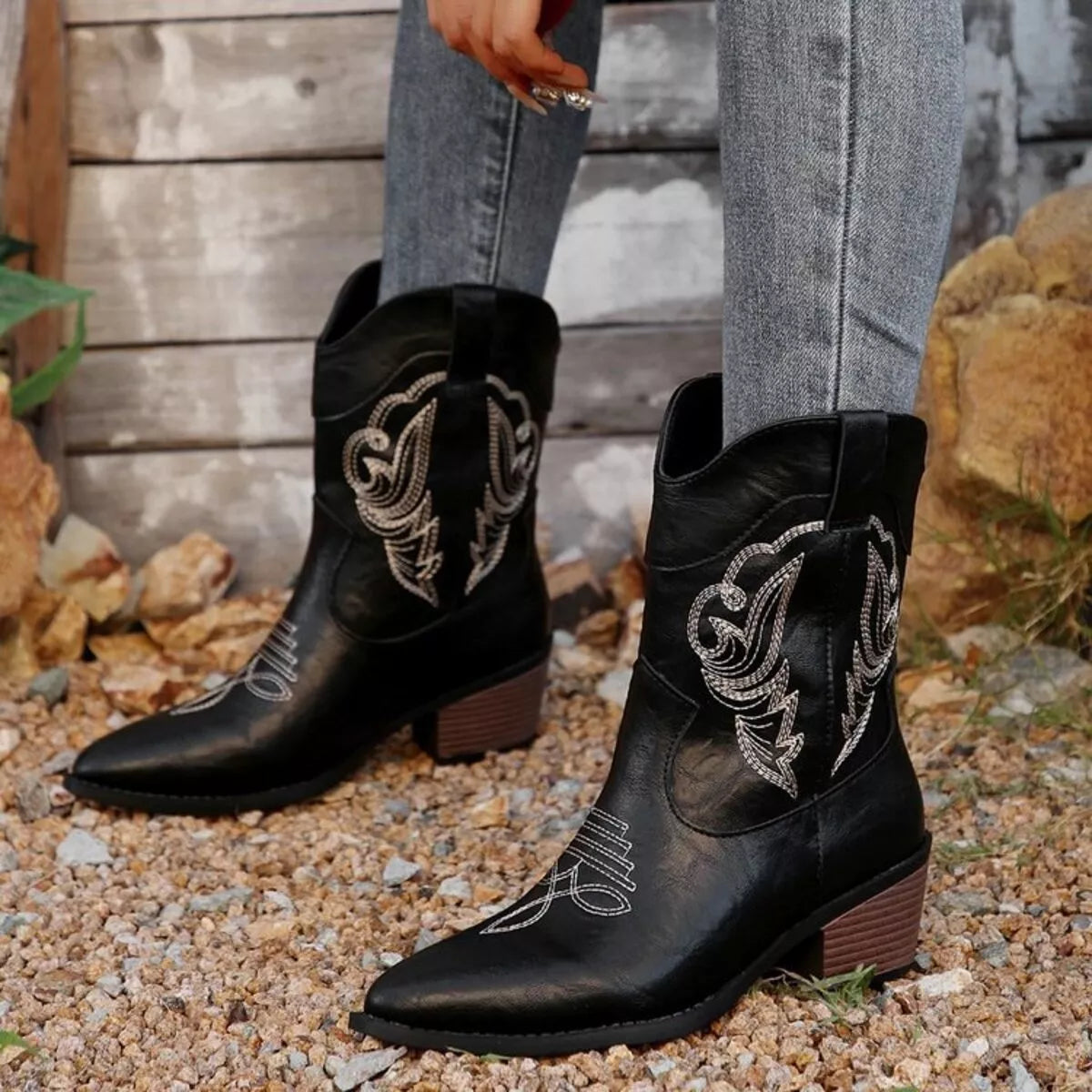 Western Cowboy Boots with Embroidered Design side profile