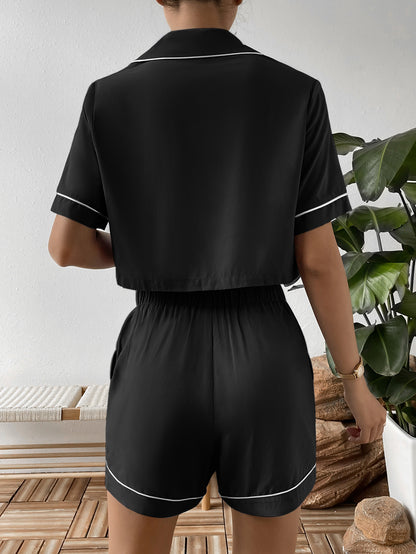 Ivy Lane Contrast Lapel Collar Cropped Shirt and Shorts Lounge Set - Fashorio