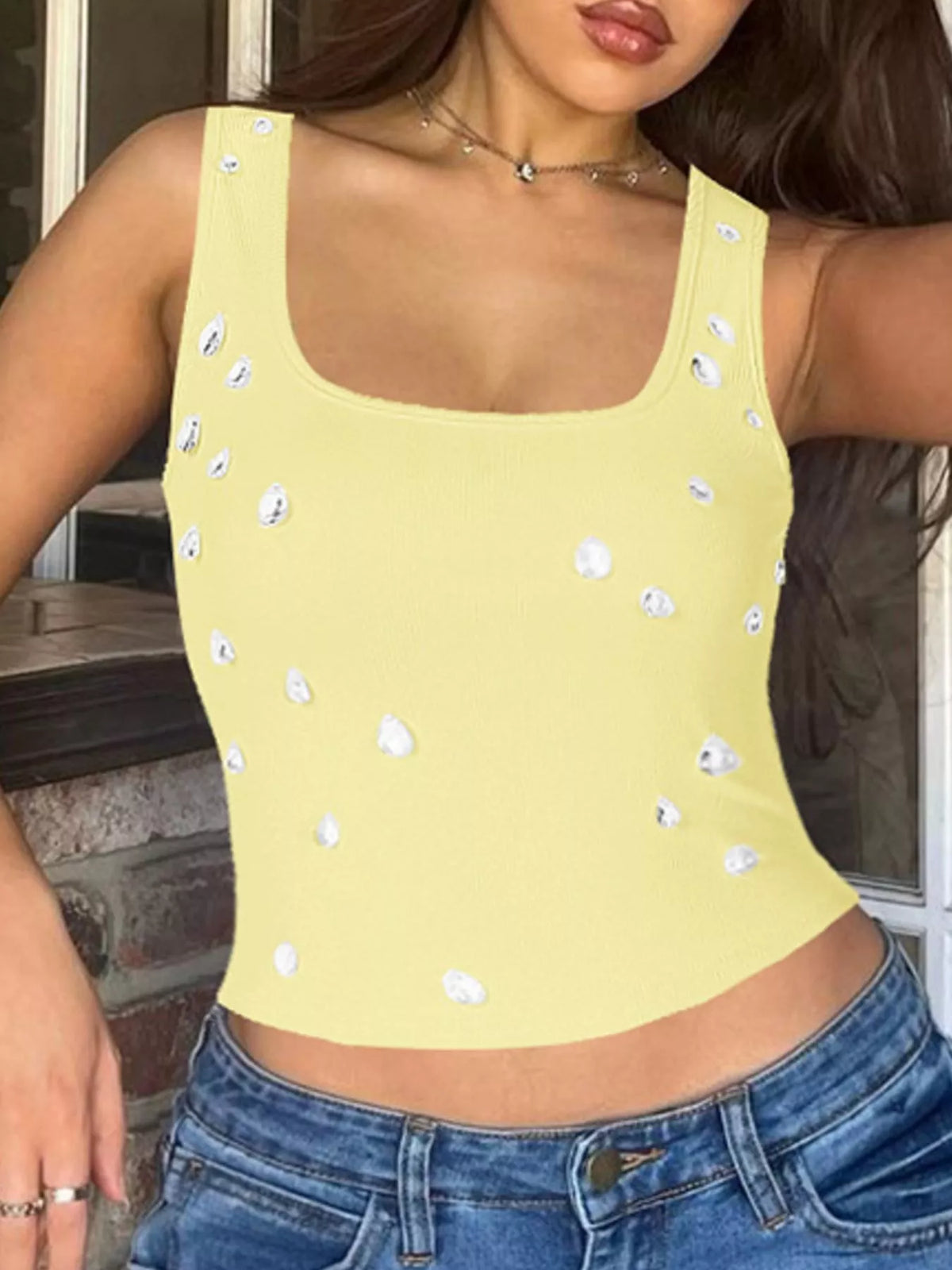 Strap detail on the square neck rhinestone tank