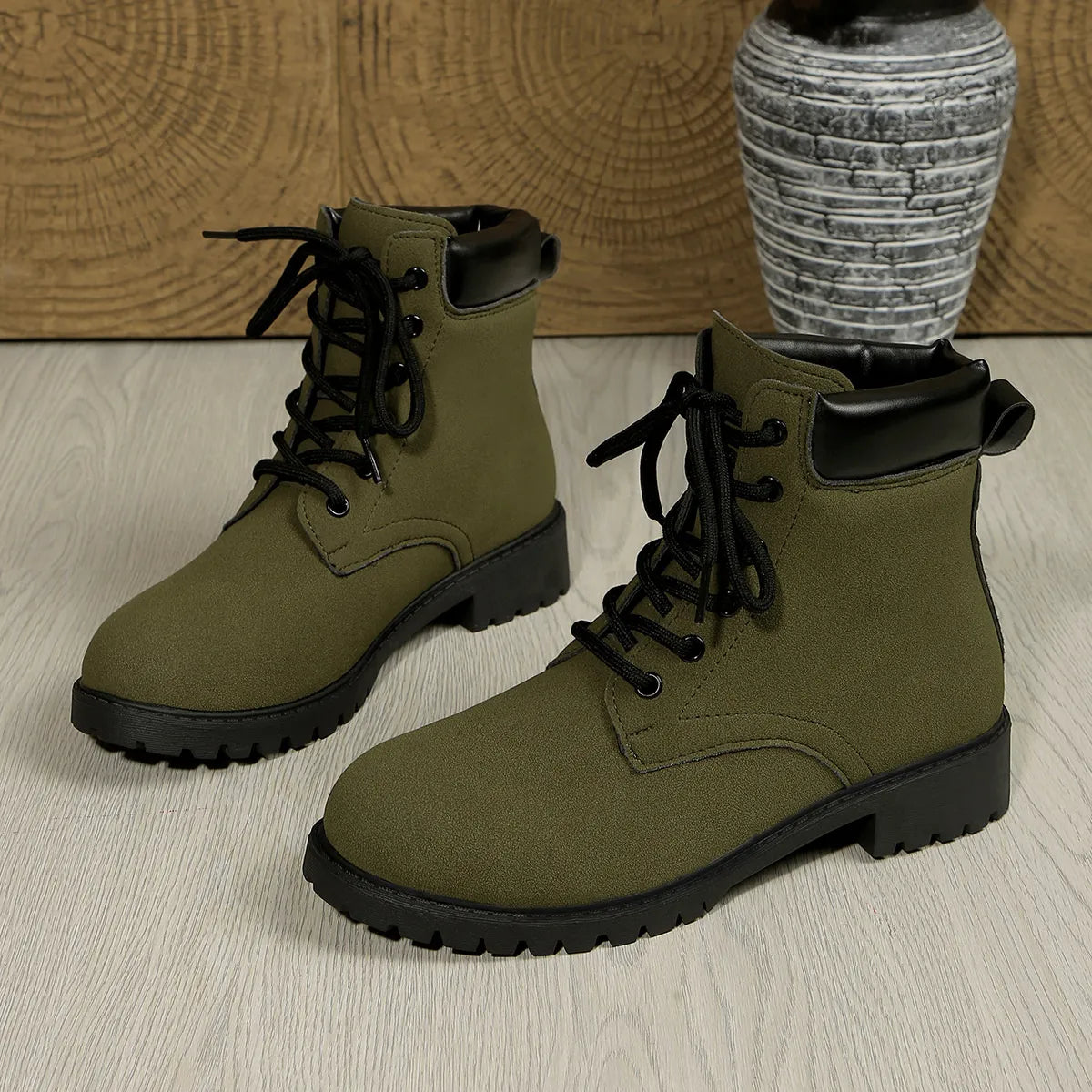 black lace up block heel boots side profile