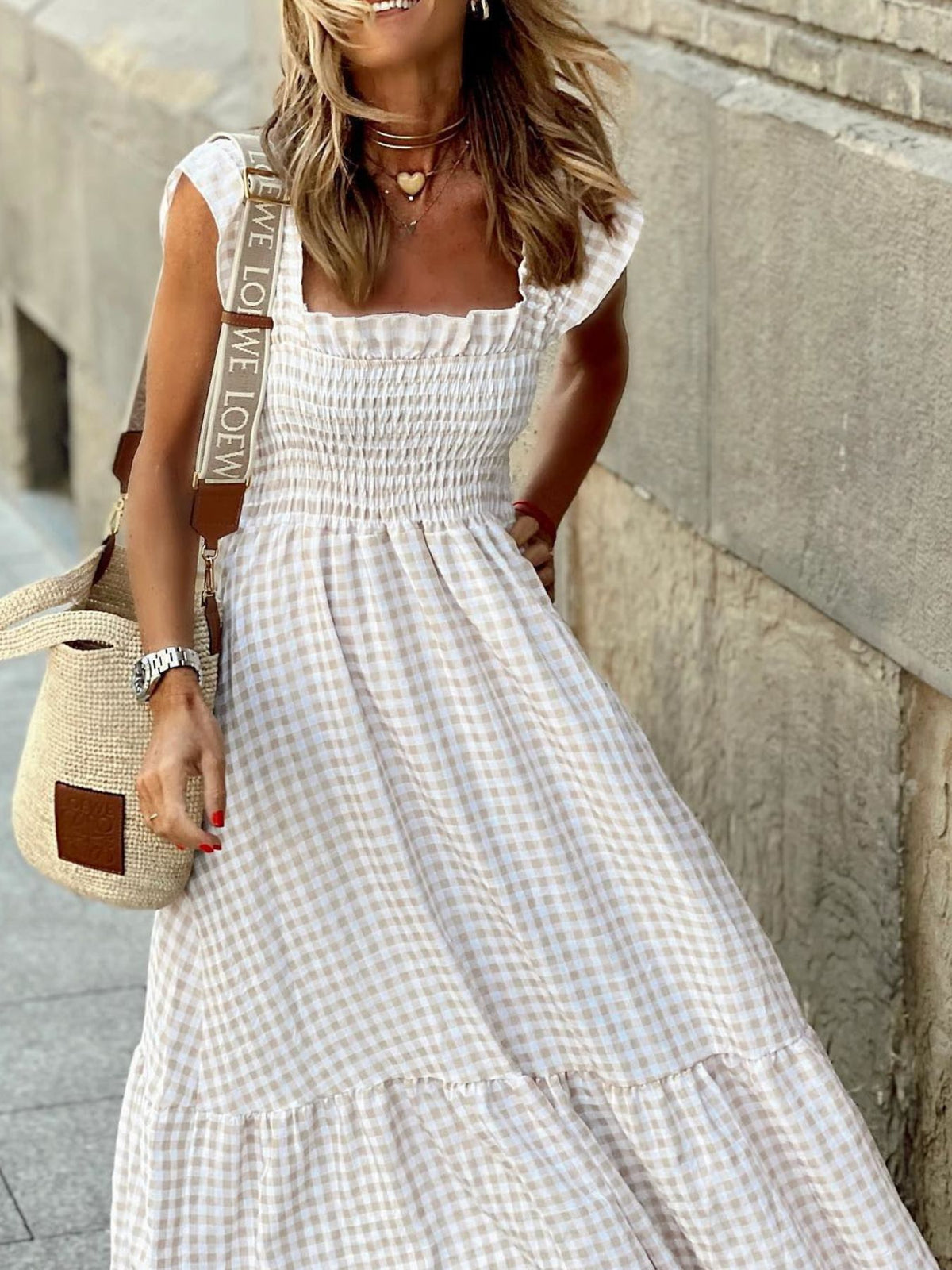 Plaid ruffle sleeve maxi dress back view