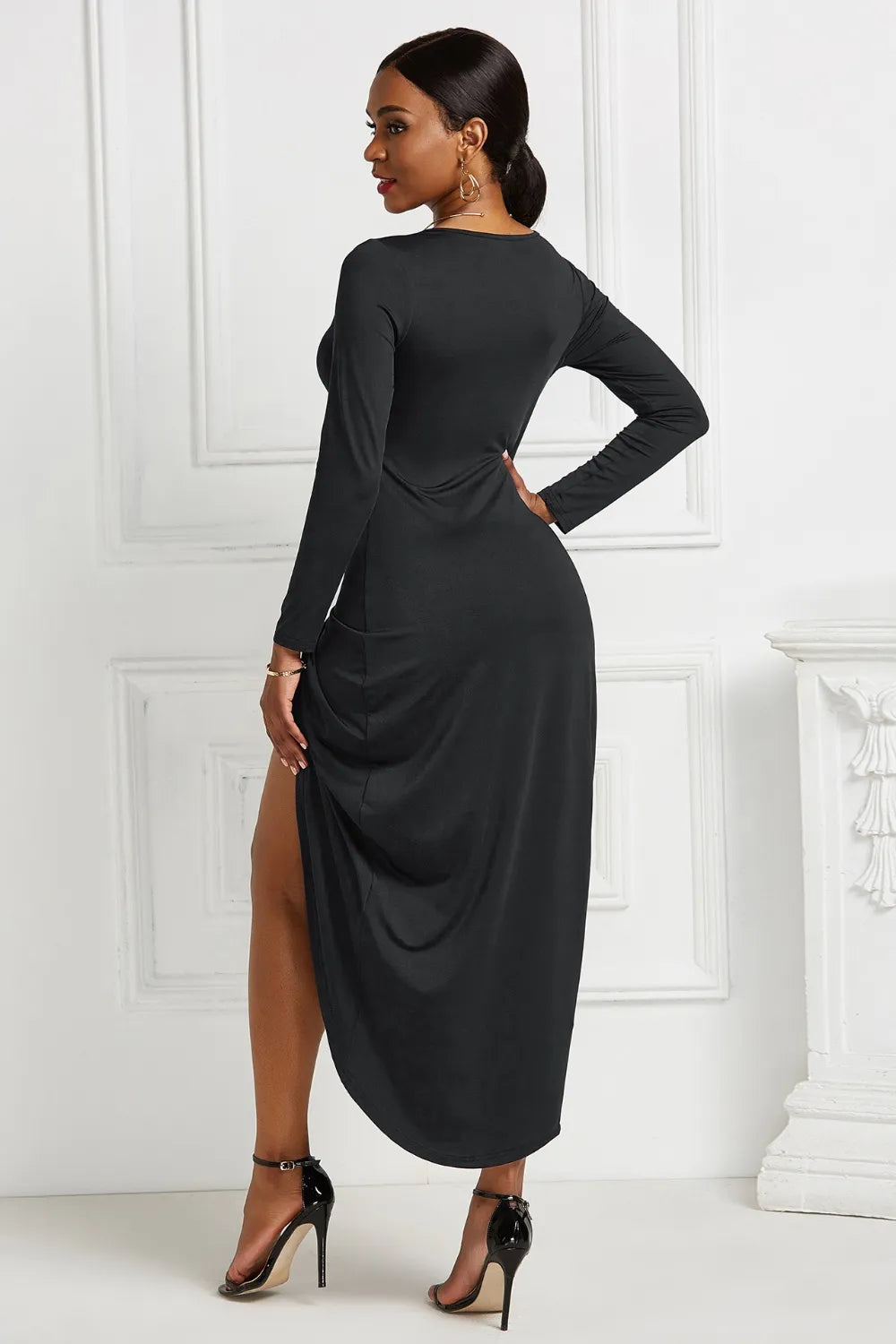 Ruched long sleeve dress seated styled view