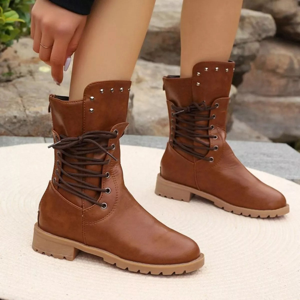 Studded Lace Up Ankle Boots material texture close up