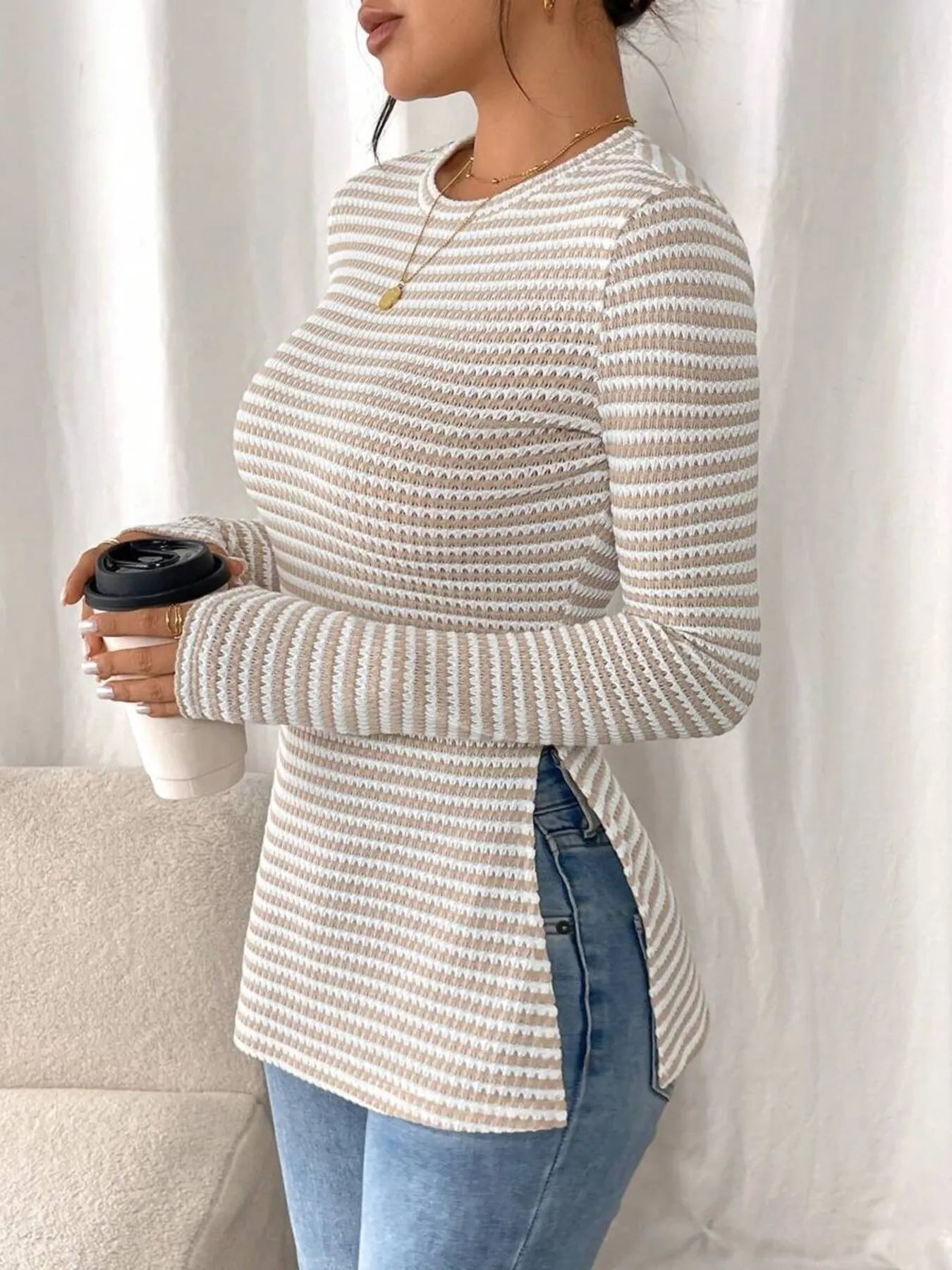 Side Slit Striped Long Sleeve T-Shirt - Fashorio