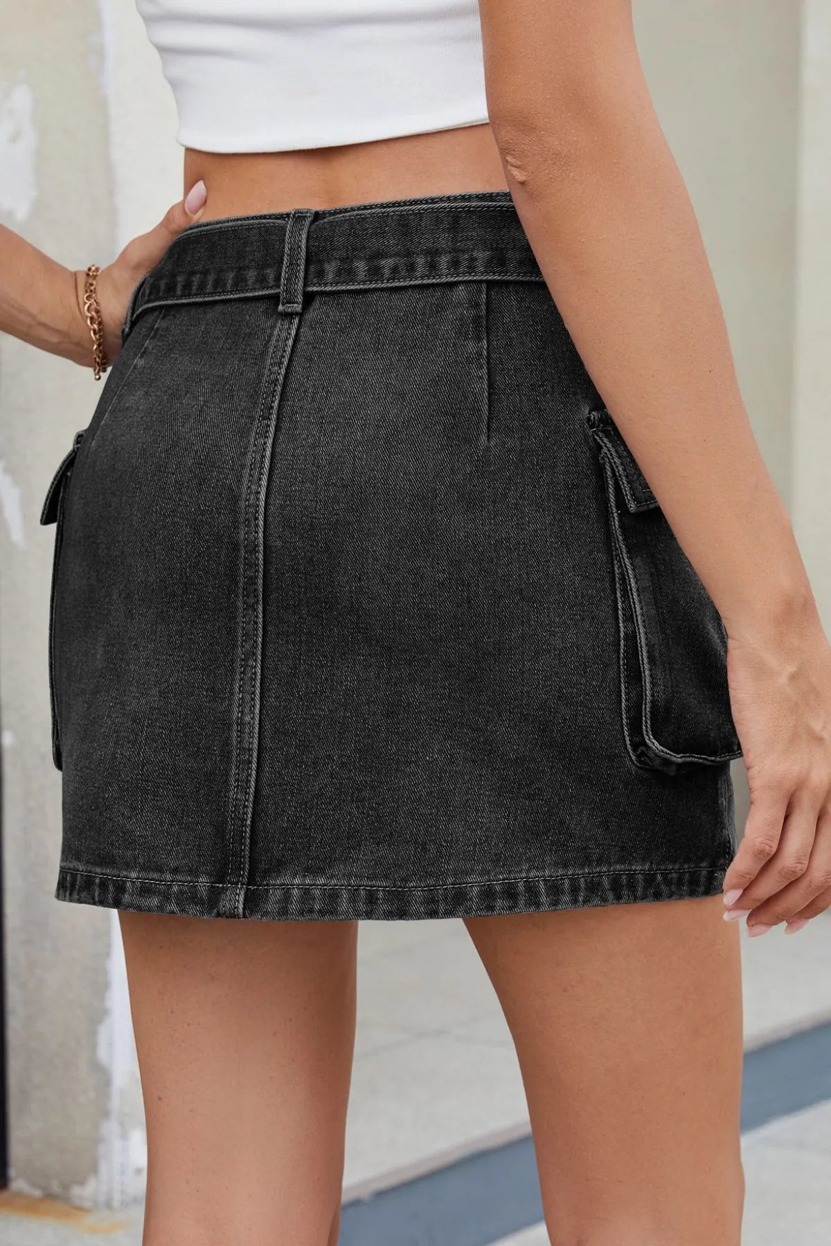 Criss-Cross Waist Detail Denim Mini Skirt - Fashorio