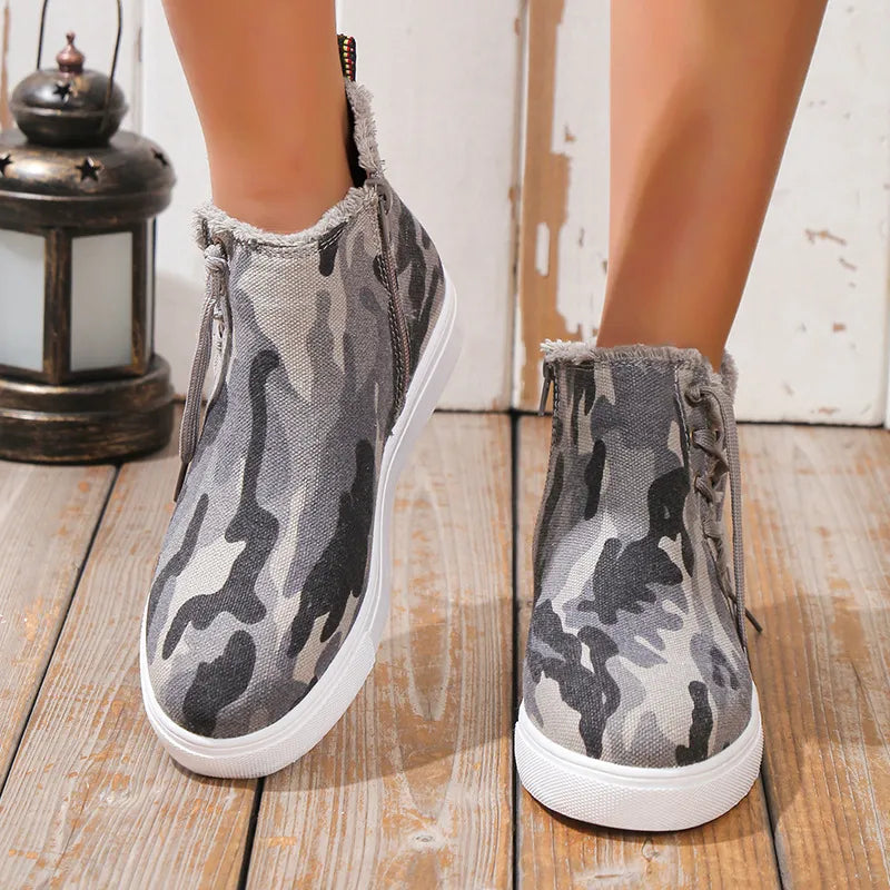 Lace Up Round Toe Canvas Boots with Side Zip side profile
