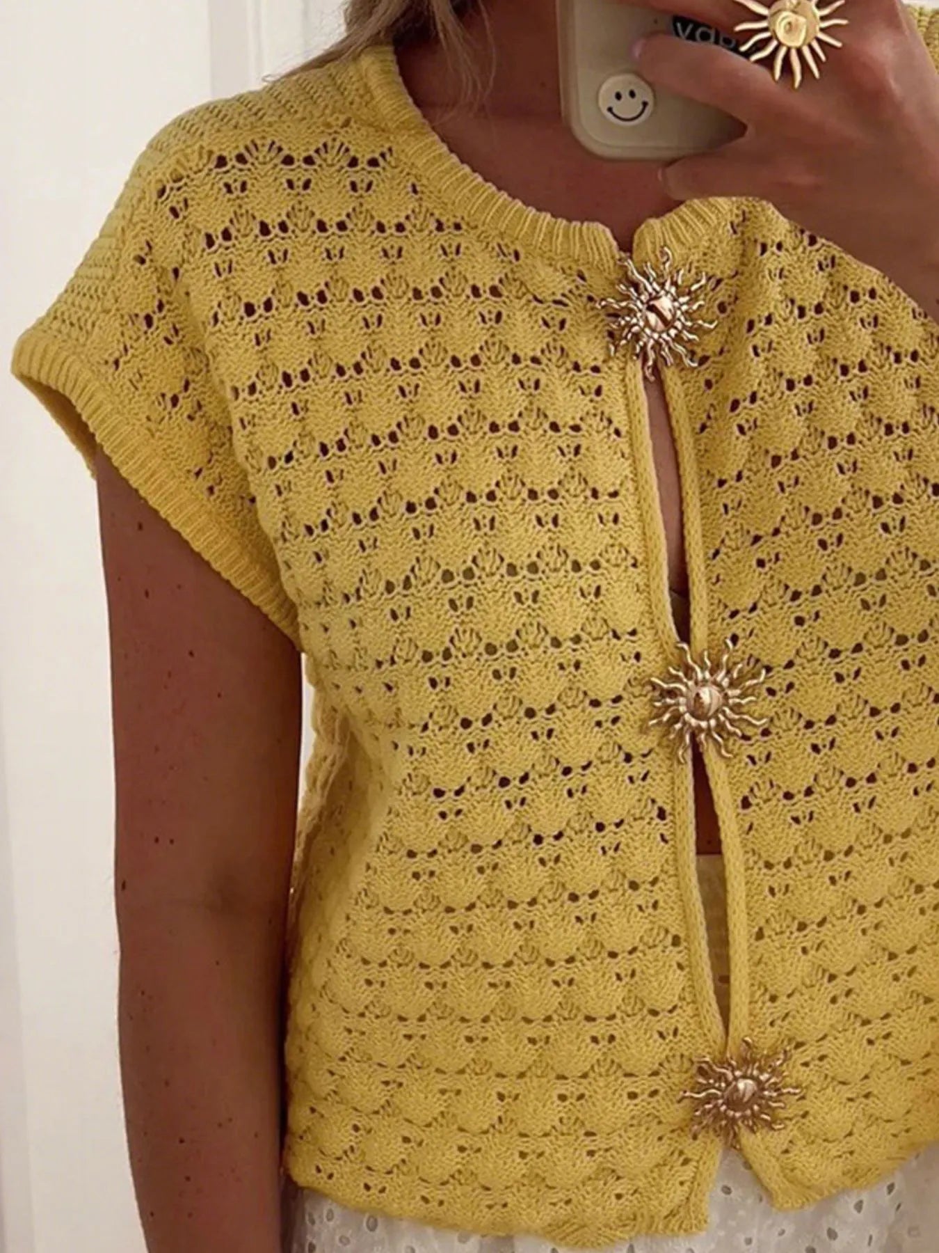 Crochet Short Sleeve Button Front Cardigan - Fashorio