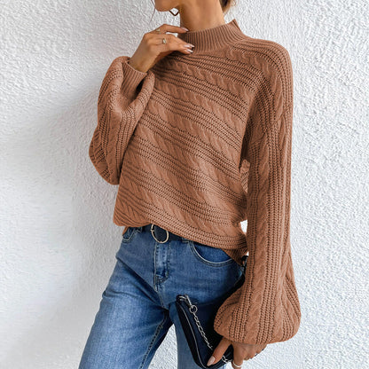 Cable-Knit Mock Neck Long Sleeve Sweater - Fashorio