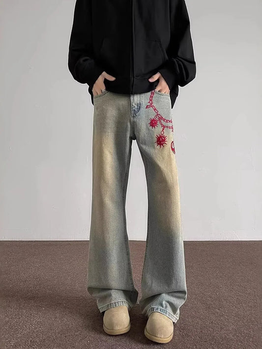 Men's Full Size Embroidered Wide Leg Jeans Plus Size Yellow Mud Color - Fashorio