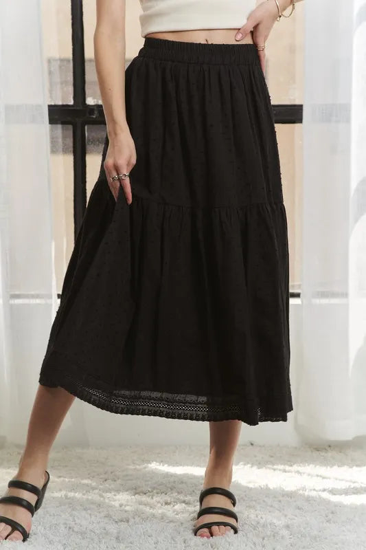 ADORA Elastic Waistband Tiered Midi Skirt - Fashorio