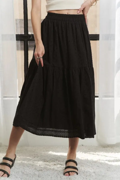 ADORA Elastic Waistband Tiered Midi Skirt - Fashorio