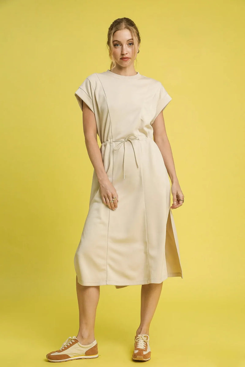 Ecru side slit short sleeve midi tee dress front view