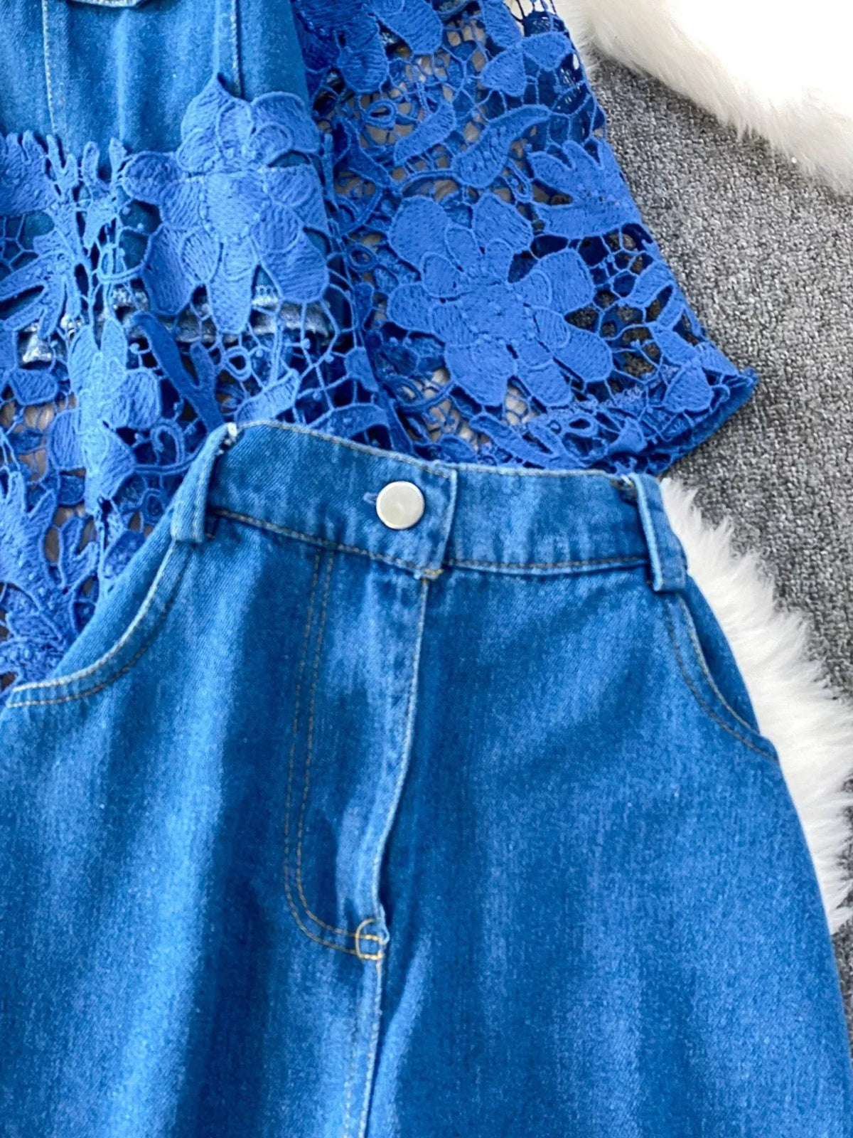 Lace patchwork shacket styling view