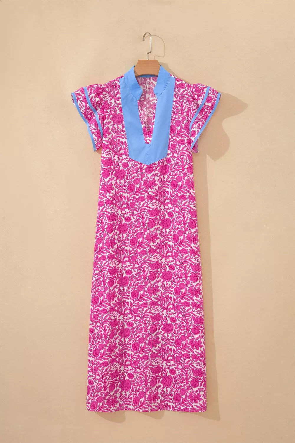 Pink floral ruffle cap sleeve maxi dress styled view