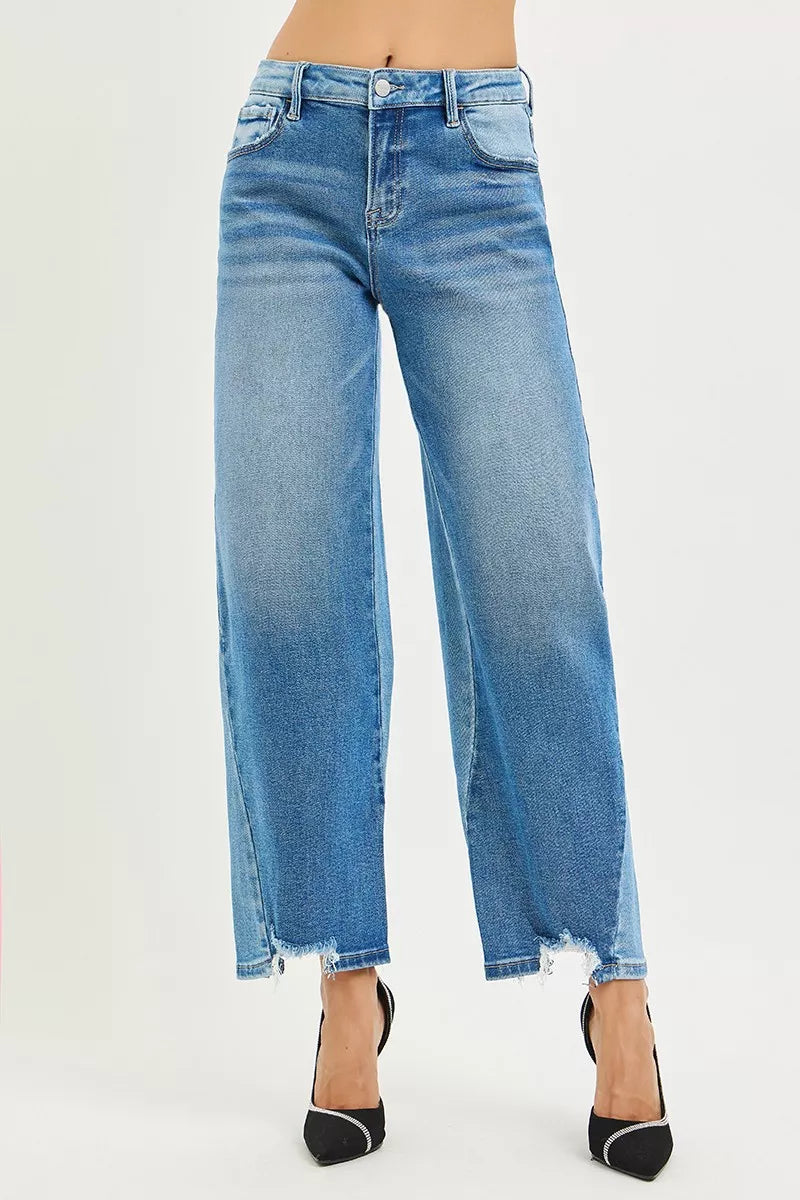 RISEN contrast wash cropped barrel jeans front view