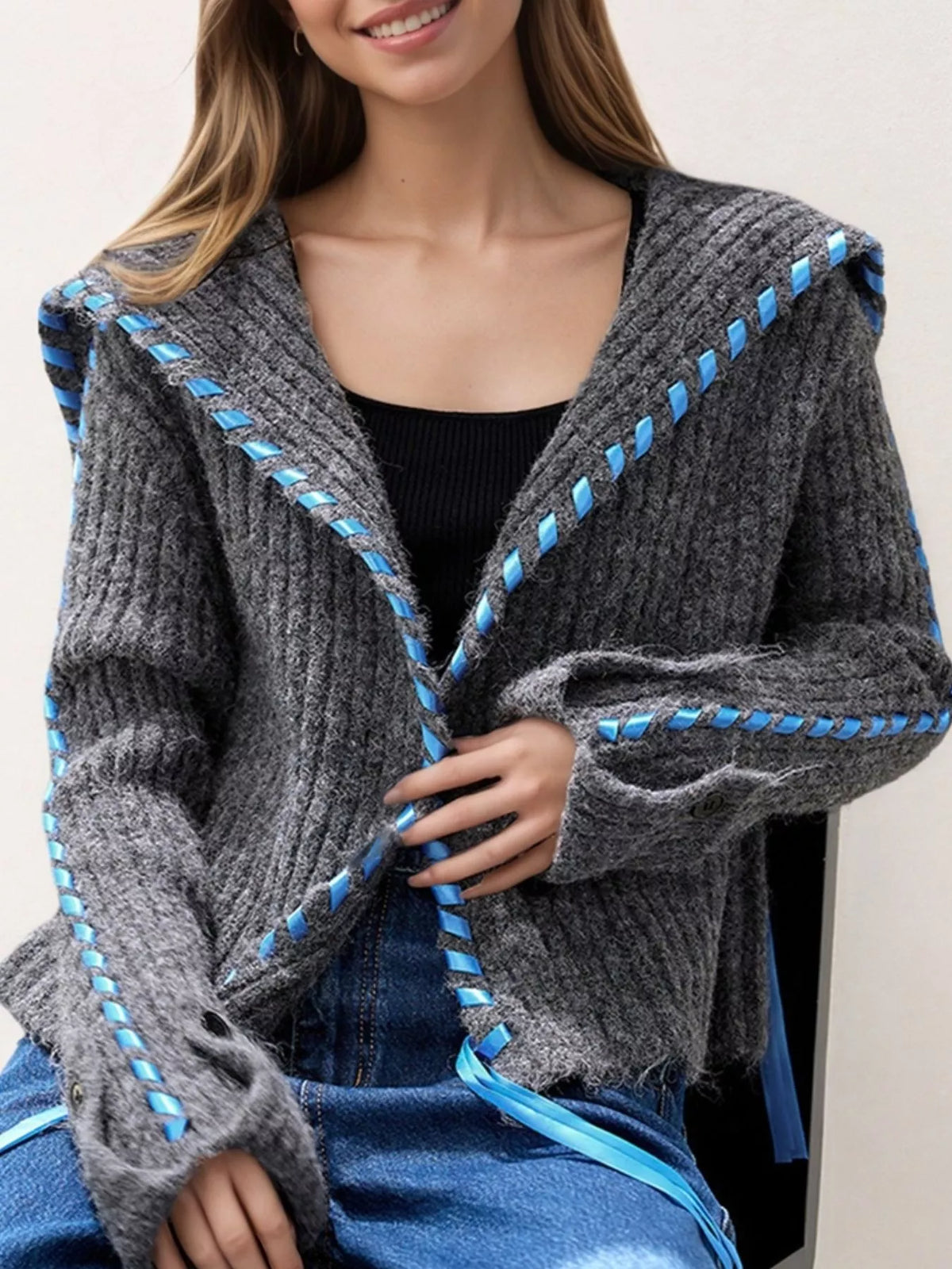 gray ribbed cable knit open front cardigan open front styled