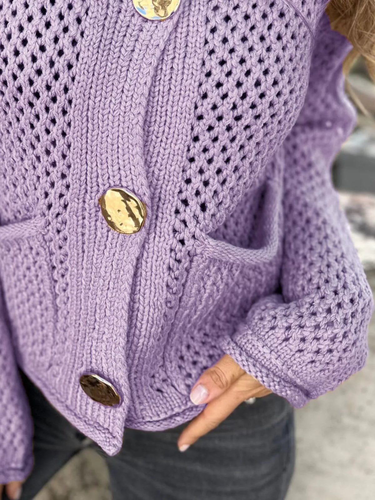 crochet button up cardigan styled on model