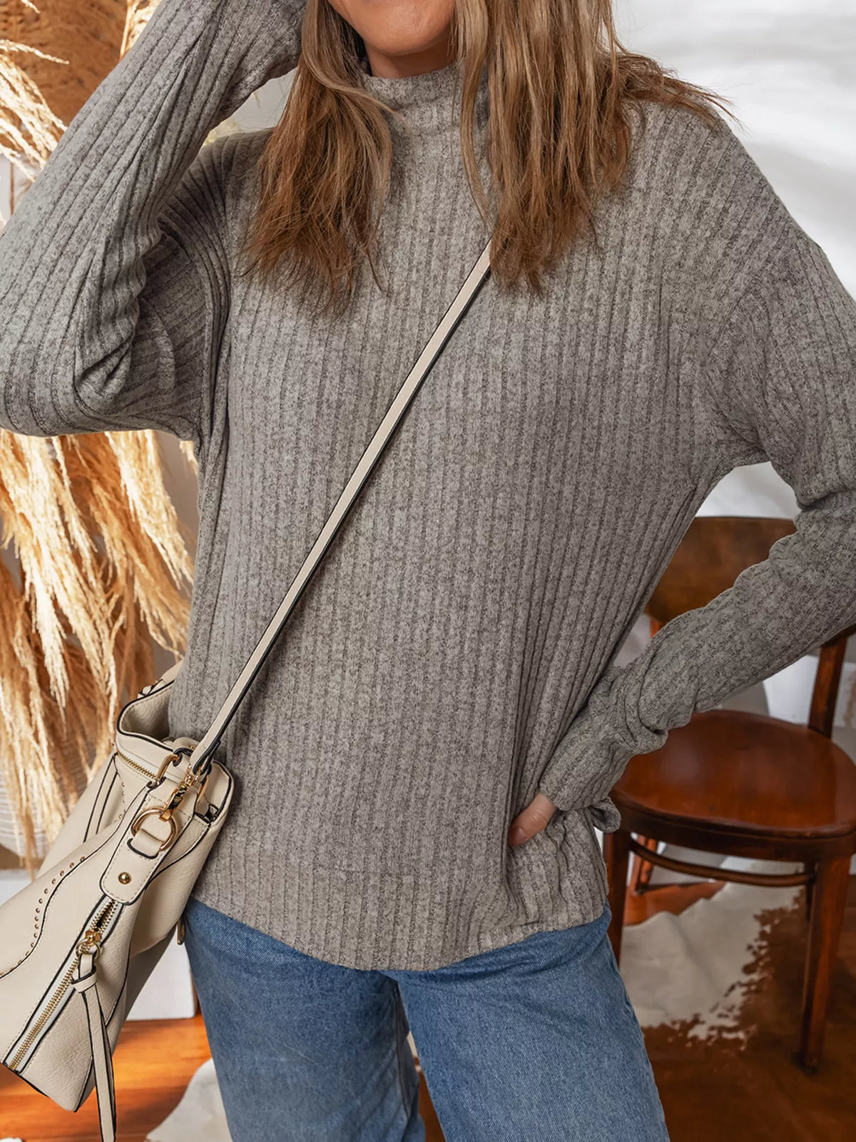 ribbed high neck knitted top gray side profile view