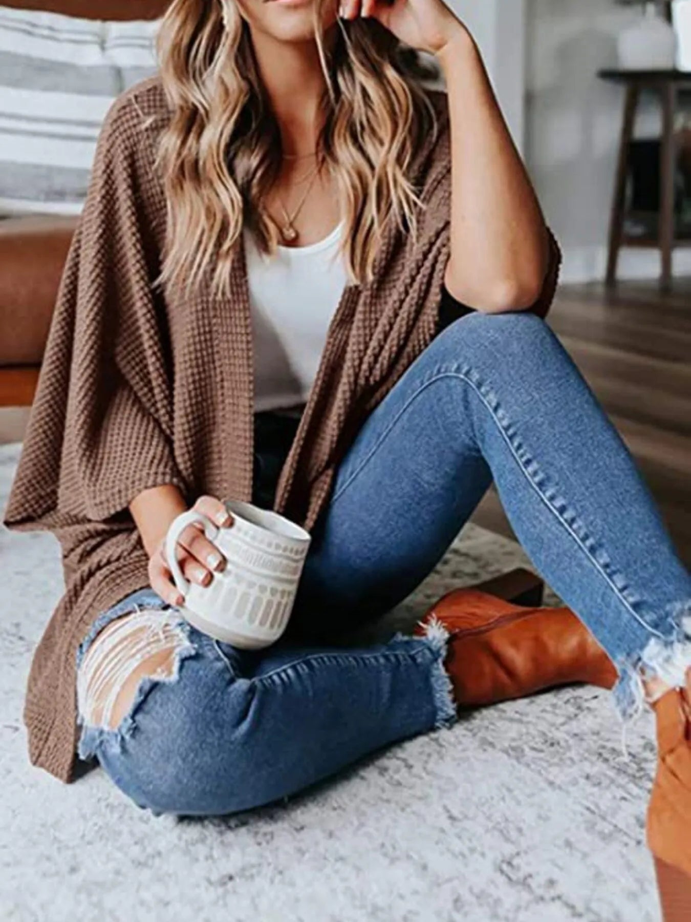 Full Size Open Front Waffle Knit Cardigan Plus Size Coffee - Fashorio