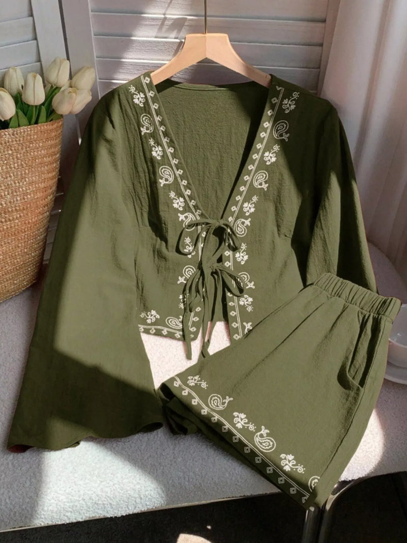 Embroidered tie front top and shorts two piece set front view