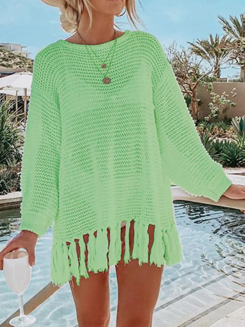Angel Wings Openwork Tassel Hem Knit Kimono Cover Up, view 10