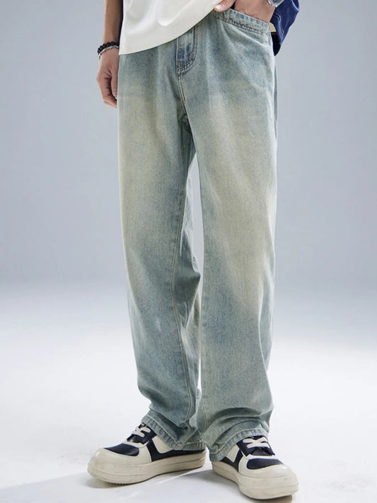 Men's Washed Straight Leg Jeans Blue - Fashorio