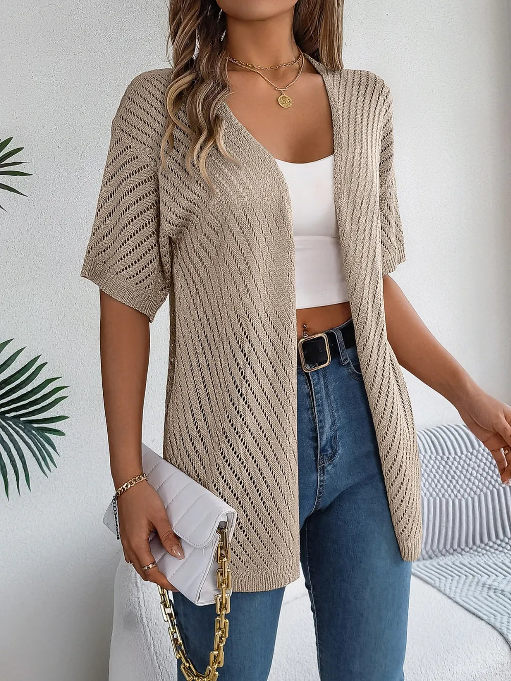 Openwork Open Front Half Sleeve Cardigan Khaki - Fashorio
