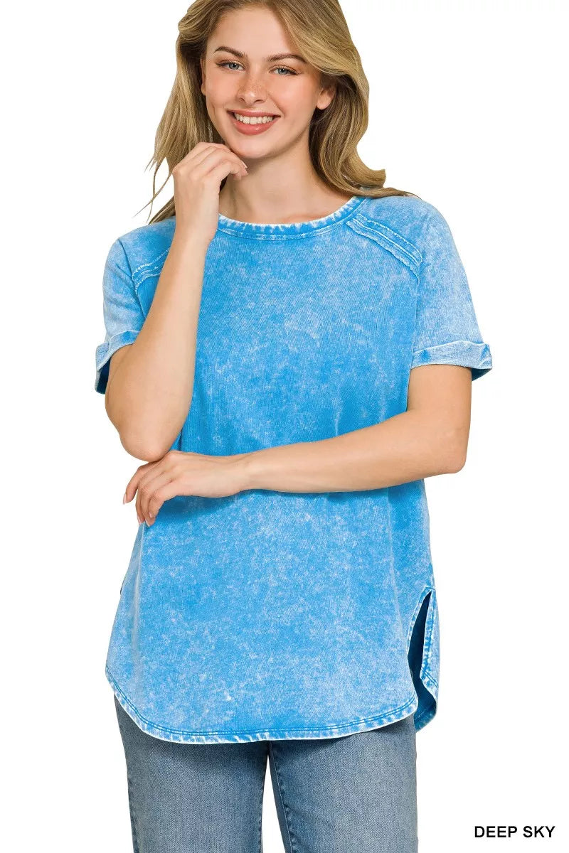 Zenana blue French terry curved hem top front view