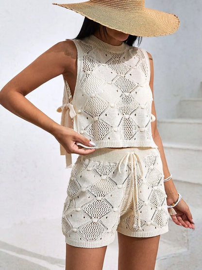 Diamond Pattern Sleeveless Top and Shorts Knit Set - Fashorio