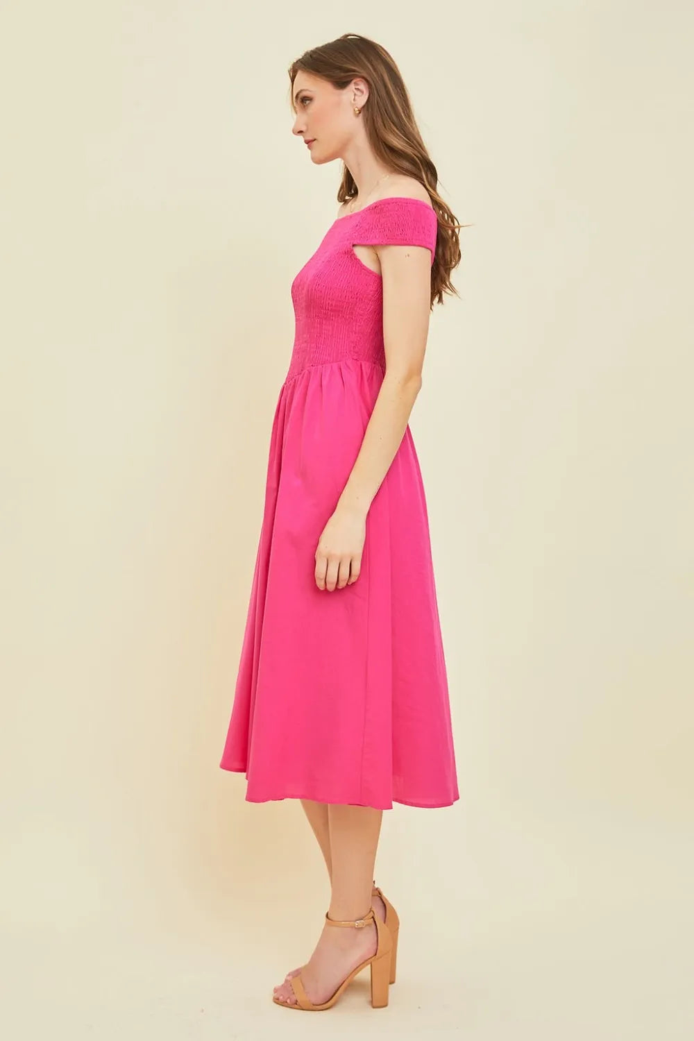 Off Shoulder Smocked Midi Dress side view