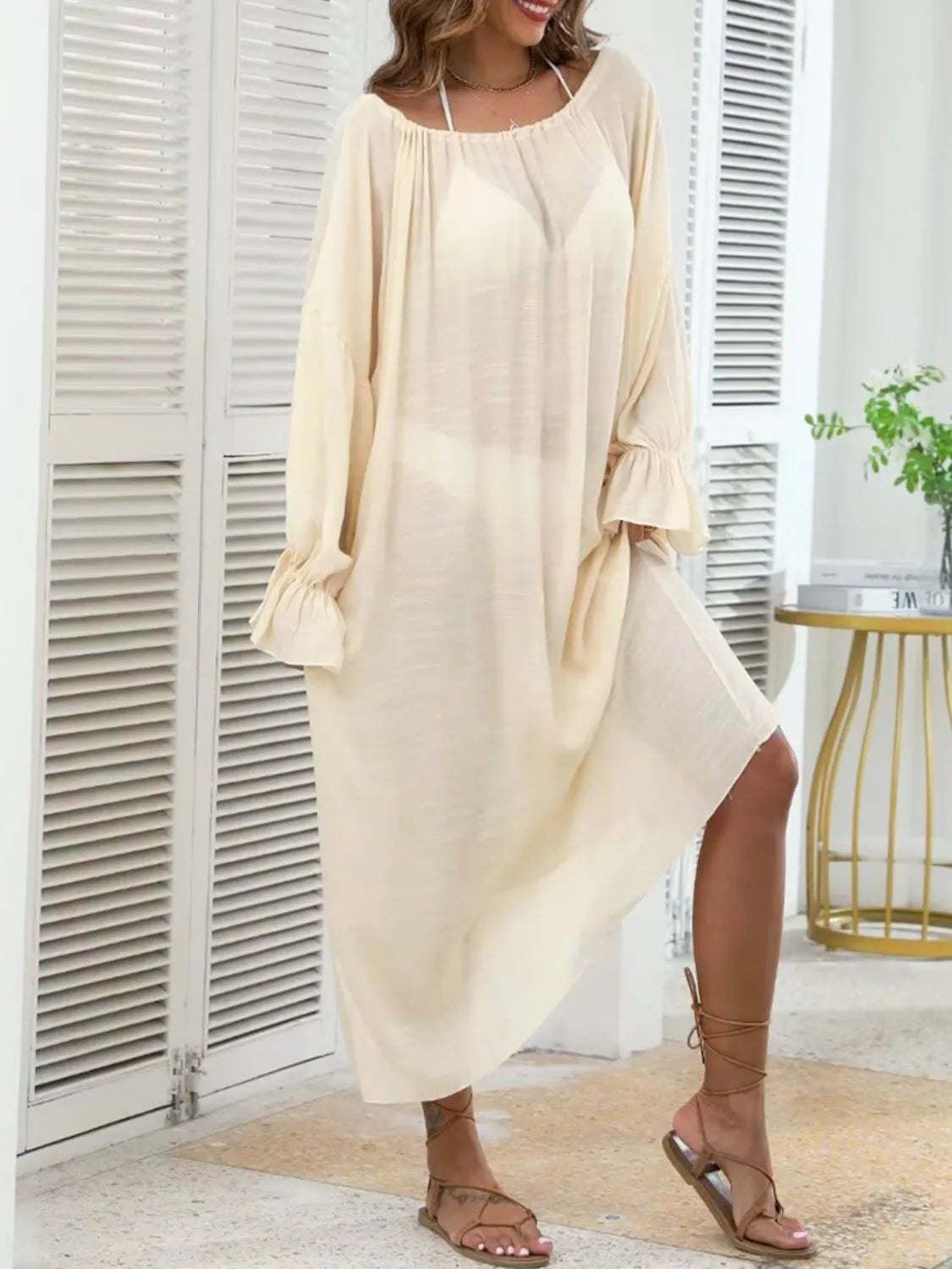 Backless Drawstring Back Flounce Sleeve Cover-Up - Fashorio