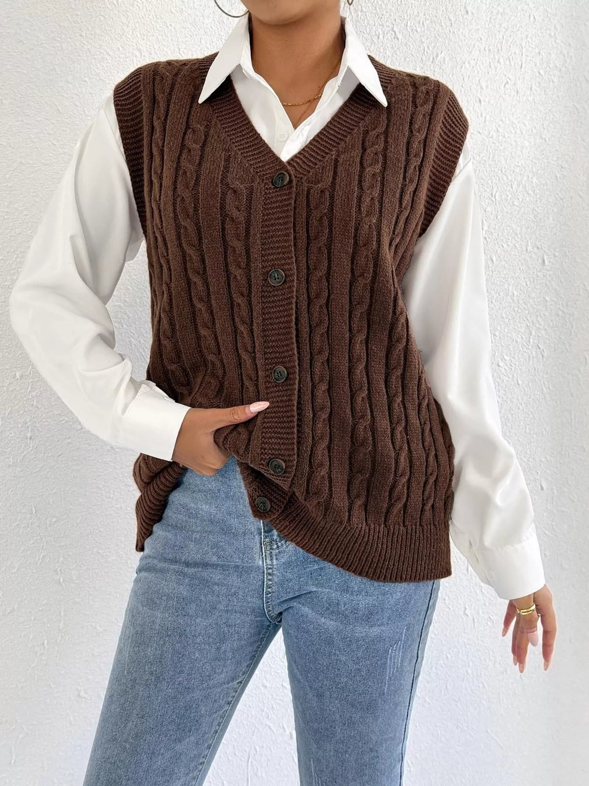 Cable knit button up sweater vest front view