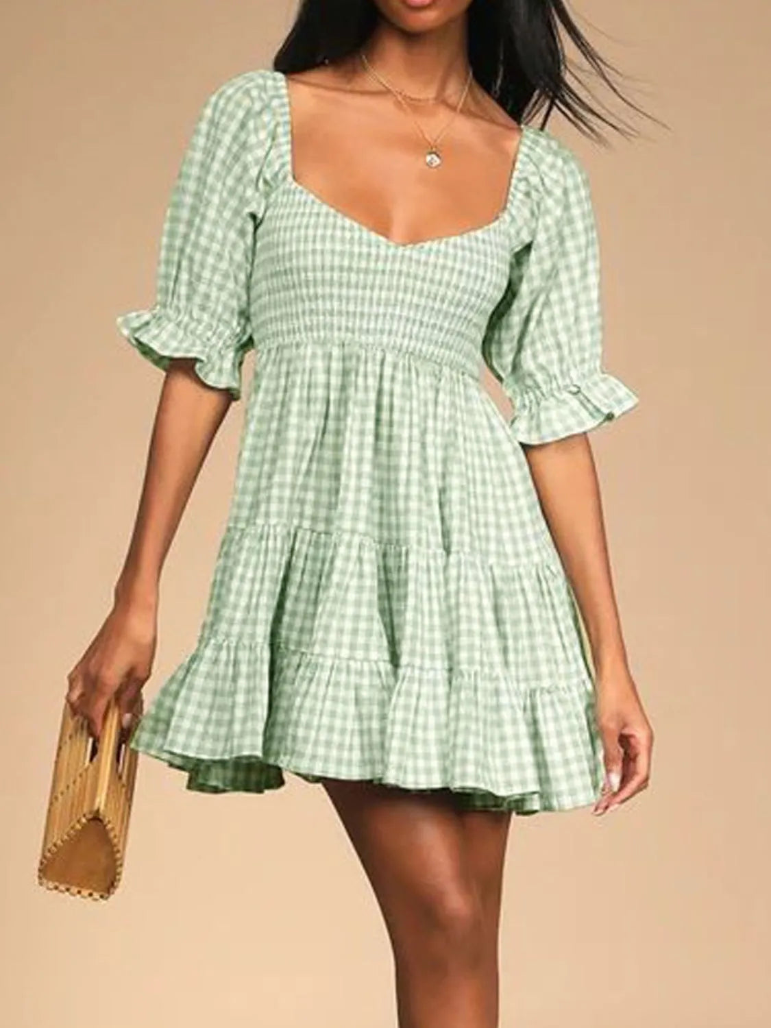 Ruffle Hem Plaid Mini Dress in Light Blue close up