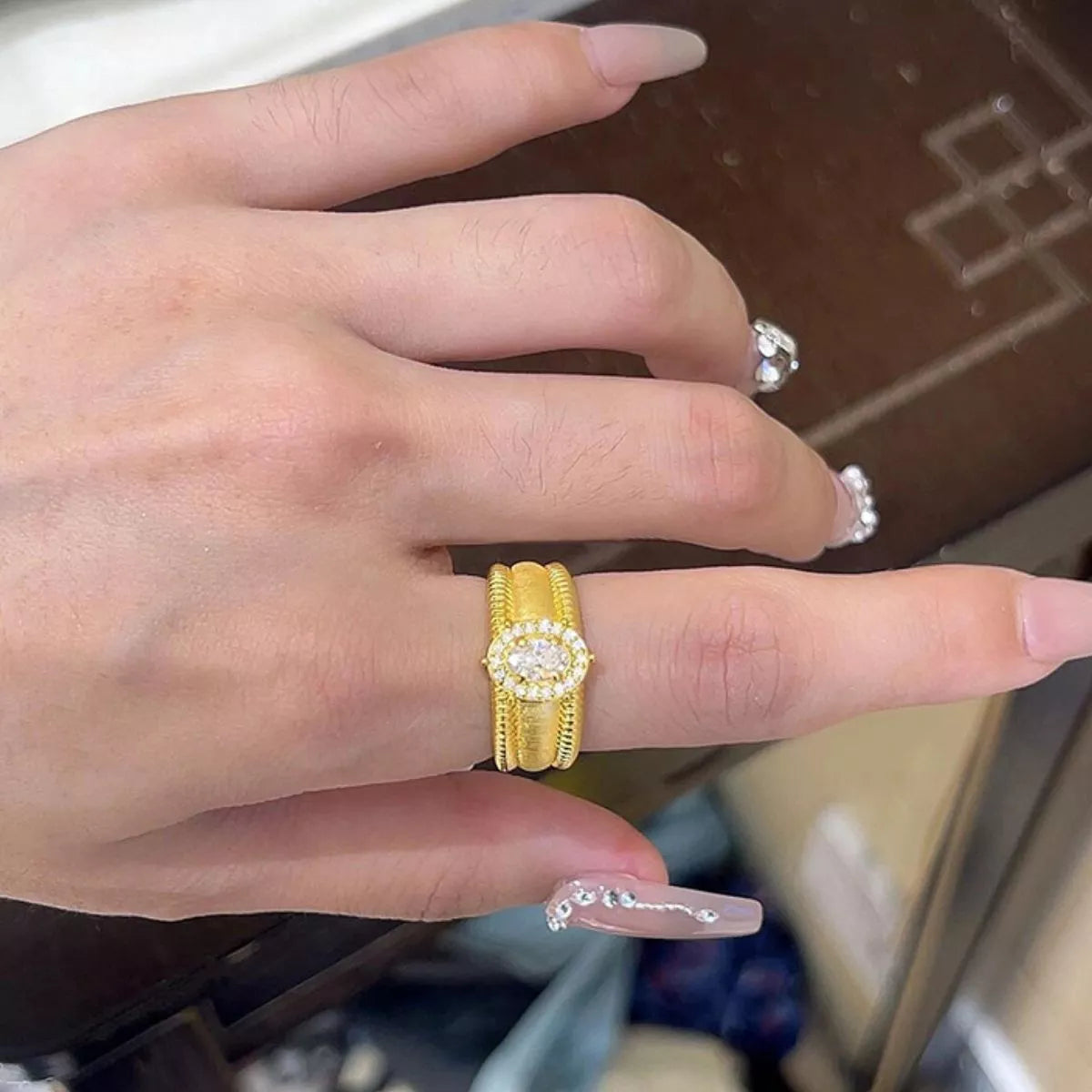 18K gold plated sterling silver zircon ring front view